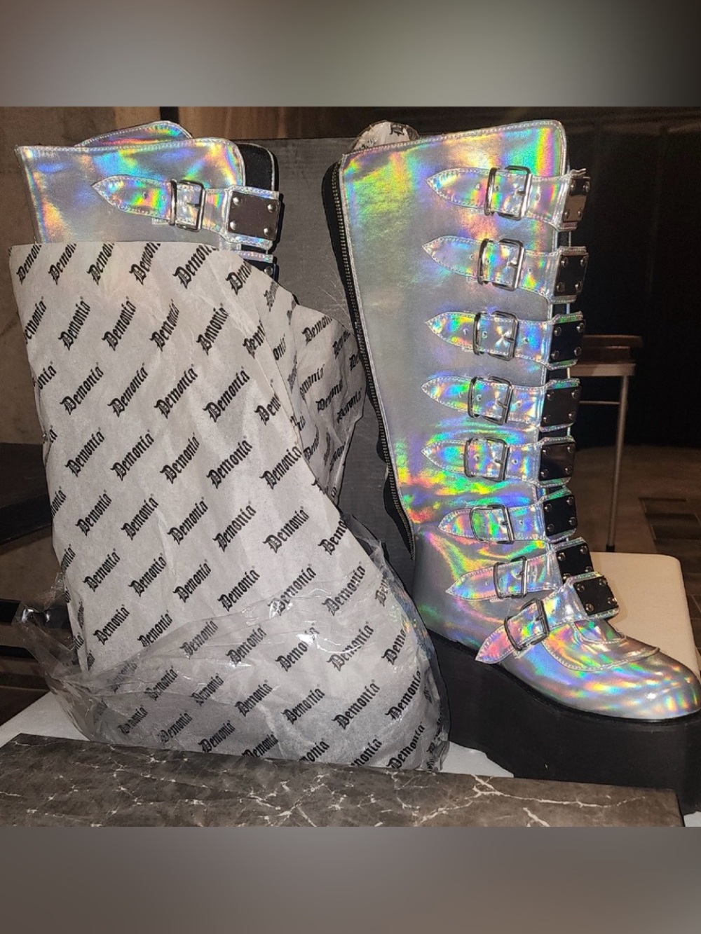 Demonia Silver Leather Platform Boots DAM318 - Size 10